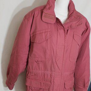 EDDIE BAUER Pink Puffer Coat Size Medium Mid Length L/S Removable Hood Pockets